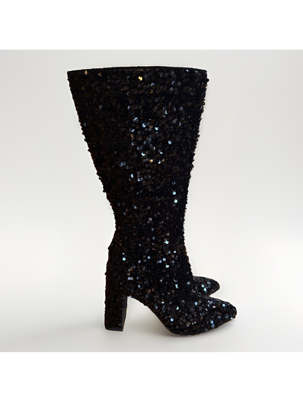 NEW Madden NYC Black Sequin Knee High Boots Pointed Toe 4” Heels Ladies 10